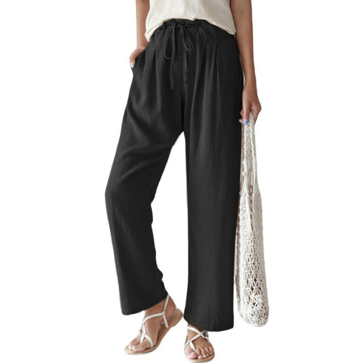 Damen nan lässige Leinenhose mit weitem Bein, elastischem Bund und Seitentaschen Drune