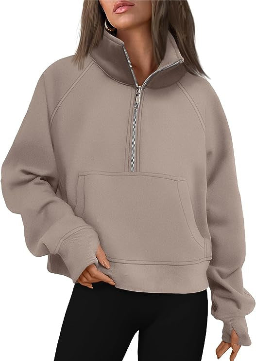 Damen nan cropped Halbzip-Sweatshirt mit hohem Stehkragen, Kängurutasche und überschnittener Schulter Drune