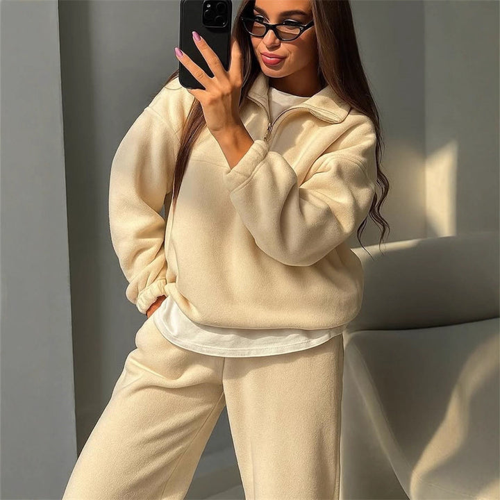 Damen Gemütlicher Fleece-Jogginganzug mit hohem Kragen Drune
