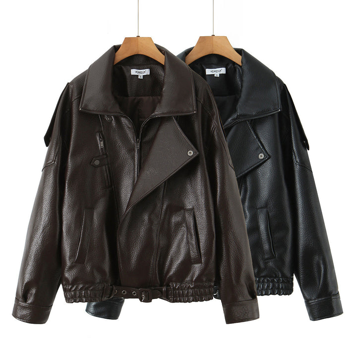 Damen lässige Kunstleder Bikerjacke mit praktischen Taschen und elastischem Bund Drune