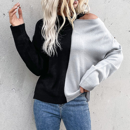 Damen asymmetrischer Strickpullover mit Schultercut-Out und kontrastierenden Farben Drune