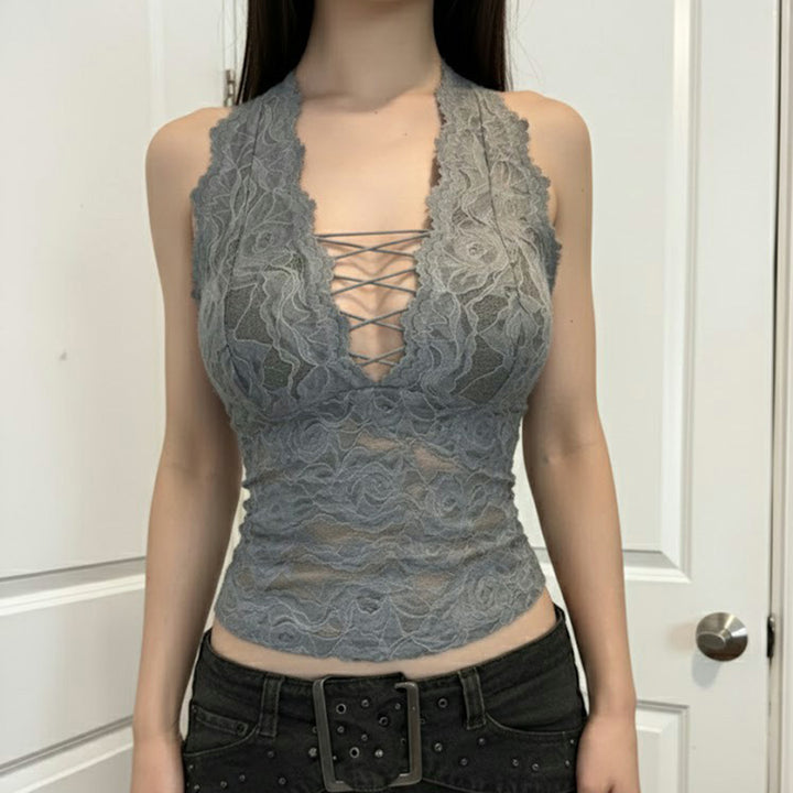 Damen Elegantes Spitzen-Haltertop mit tiefem V-Ausschnitt Drune