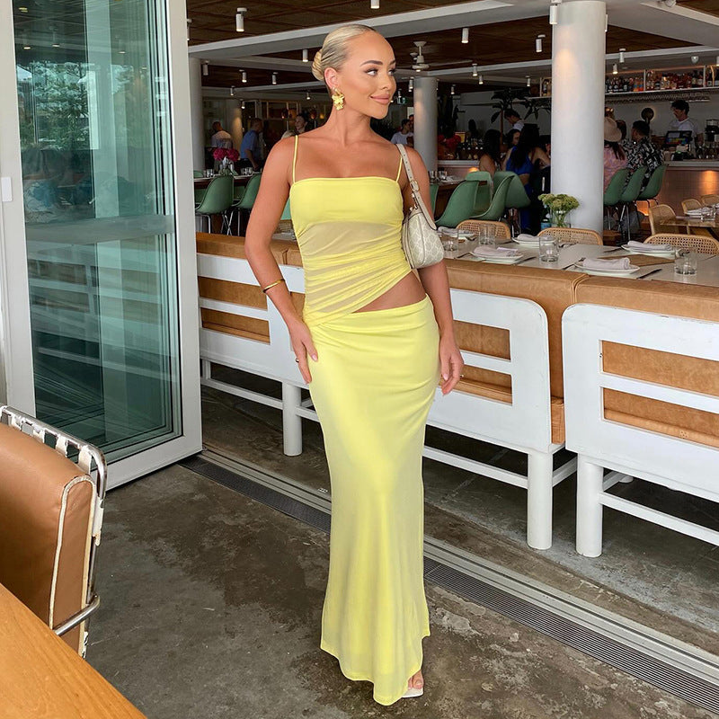 Damen Elegantes Maxikleid mit transparenten Einsätzen und schmalen Spaghetti-Trägern Drune