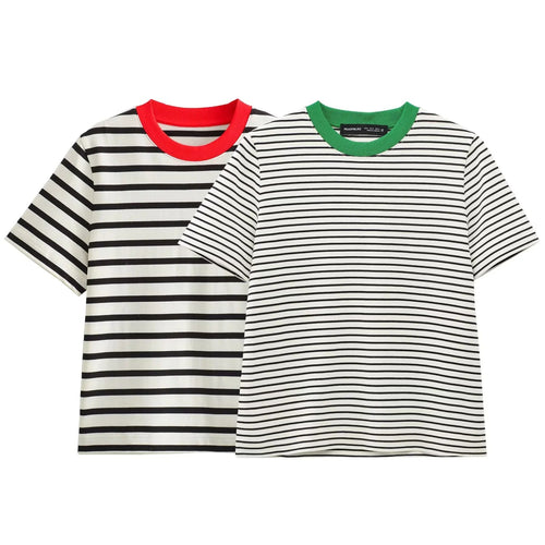 Damen Freizeit T-Shirt mit kontrastierendem Kragen und lässigem Streifenmuster Drune