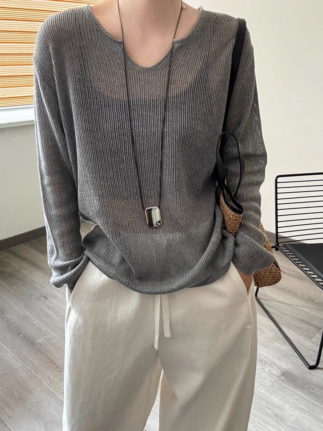 Damen luftiger Strickpullover mit V-Ausschnitt und lässigem Schnitt Drune