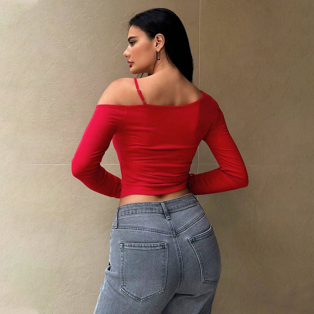 Damen Langarm-Crop-Top mit asymmetrischem Schnitt und Raffung Drune