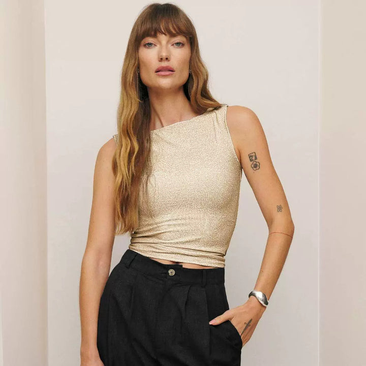 Damen figurbetontes Glitzer-Top mit asymmetrischem Schnitt und elegantem Tragekomfort Drune