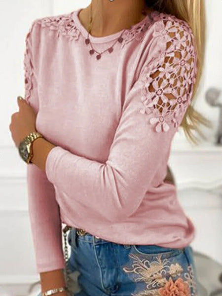 Damen nan langärmeliges Feinstrickshirt mit Häkelspitzen-Schultereinsätzen und Rundhalsausschnitt Drune
