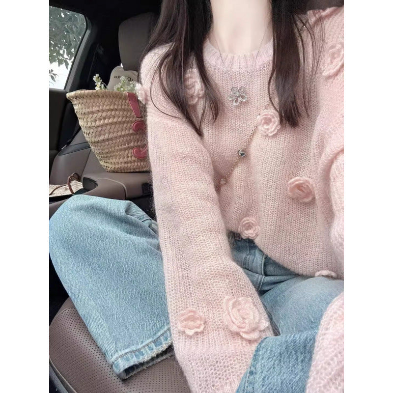 Damen Pullover mit dekorativen Blumenapplikationen Drune