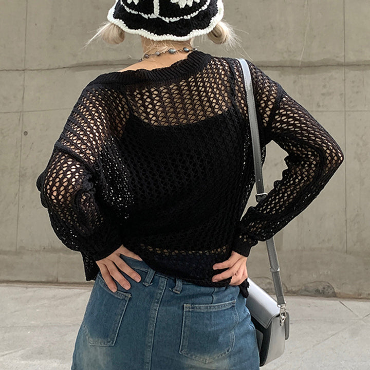 Damen luftiger Strickpullover mit feinem Netzmuster Drune