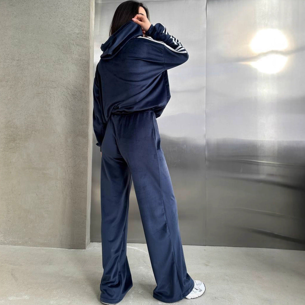 Damen Velvet-Hoodie und weite Hose Set Drune
