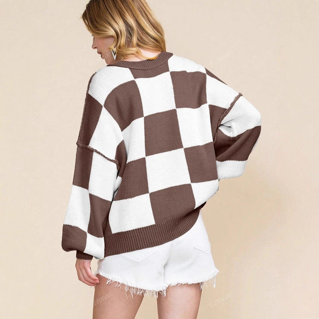 Damen Oversize-Pullover mit kariertem Muster Drune