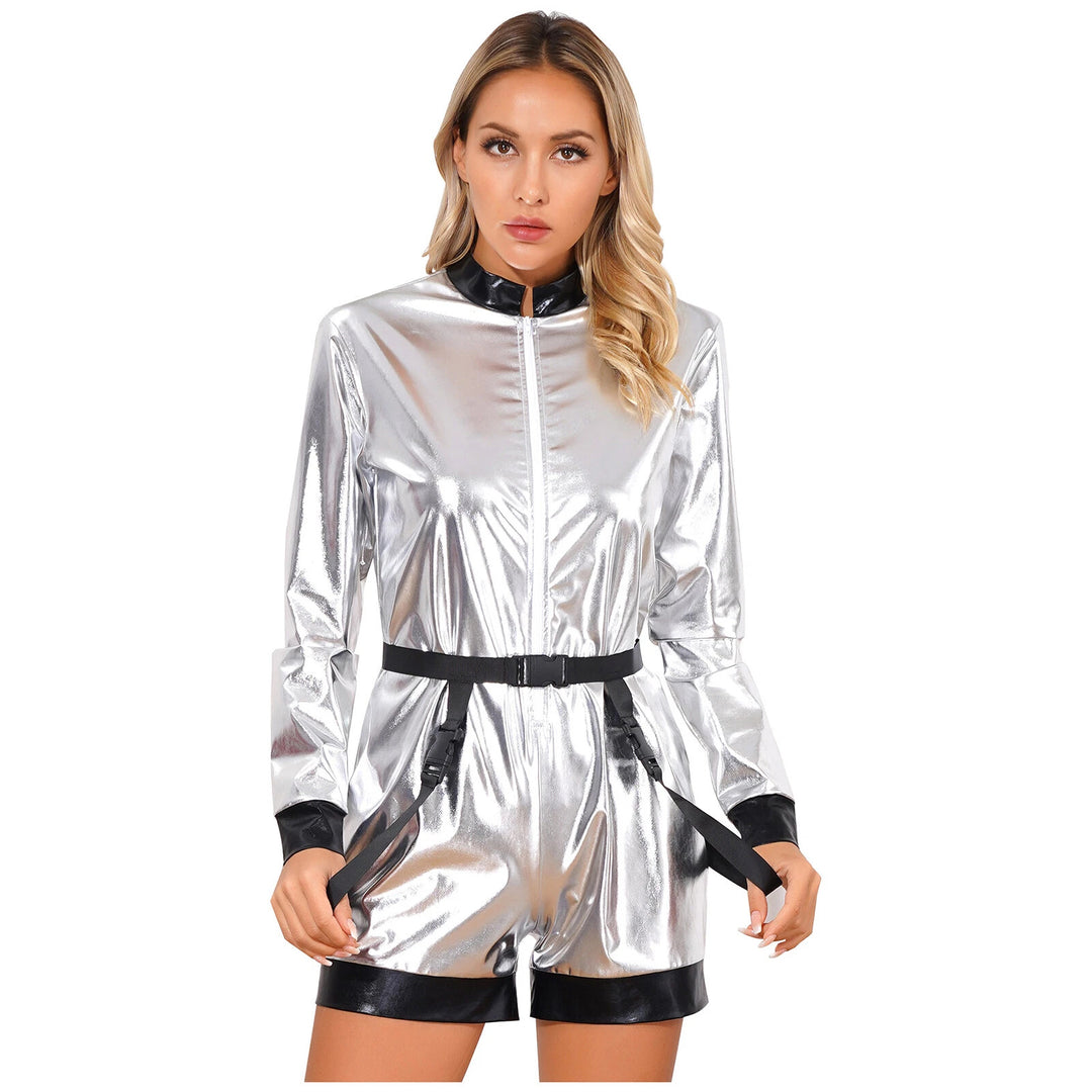 Damen Futuristischer Glanz-Jumpsuit mit Reißverschluss und abnehmbarem Gürtel Drune