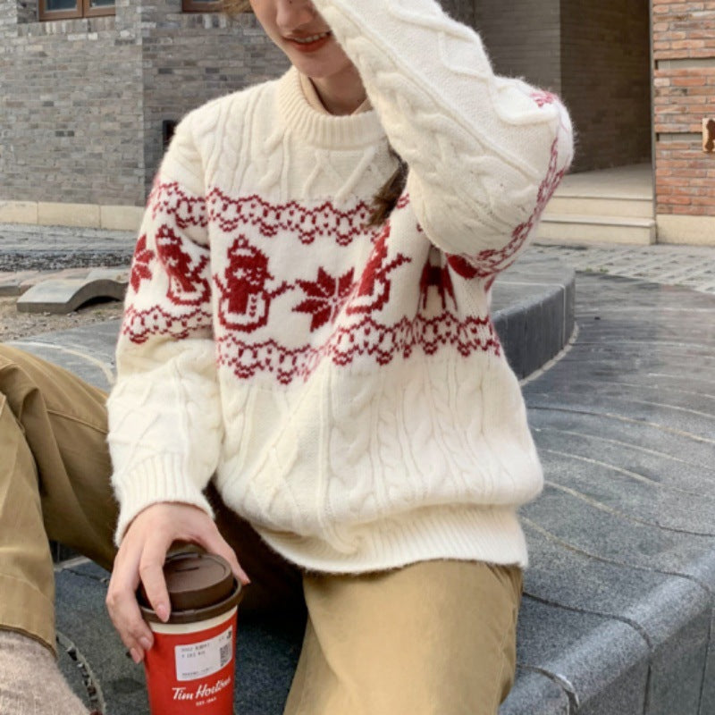 Damen Weihnachts-Pullover mit festlichem Zopfmuster und Schneemann-Motiv Drune