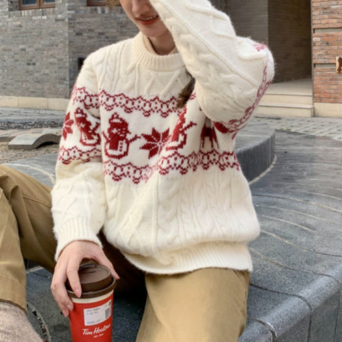Damen Weihnachts-Pullover mit festlichem Zopfmuster und Schneemann-Motiv Drune
