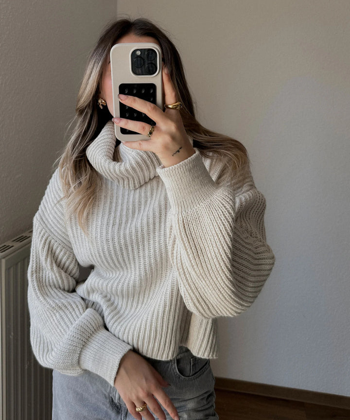 Damen Grobstrickpullover mit hohem Kragen und weit geschnittenen Ärmeln Drune