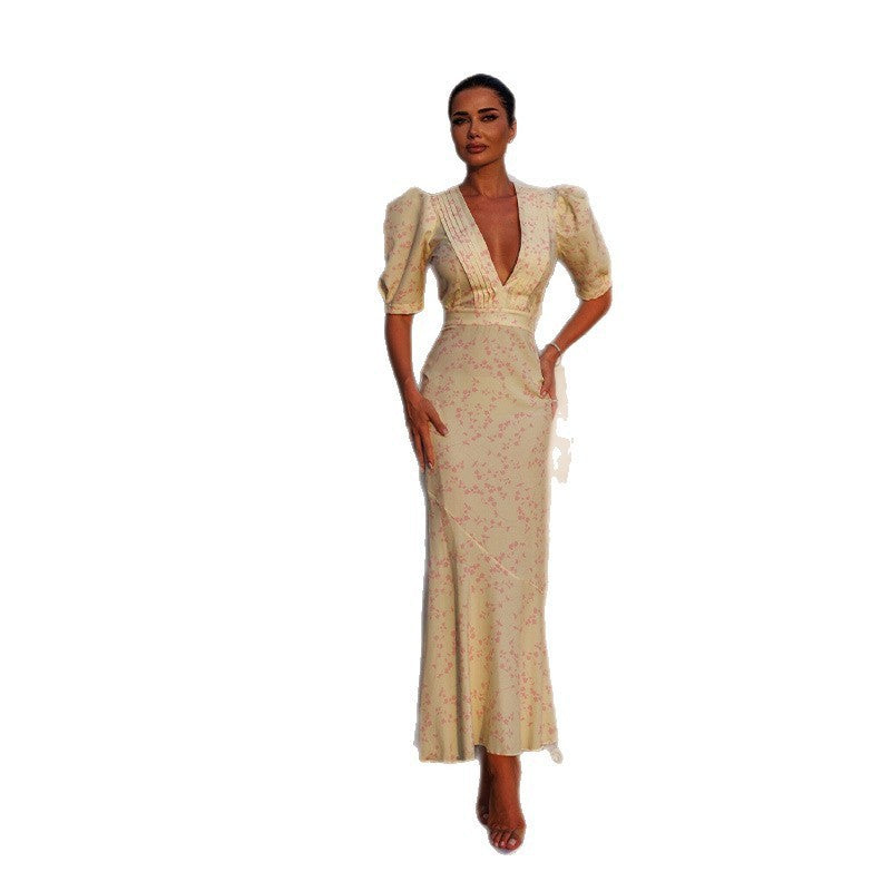 Damen Maxi-Kleid mit floralem Muster und V-Ausschnitt Drune