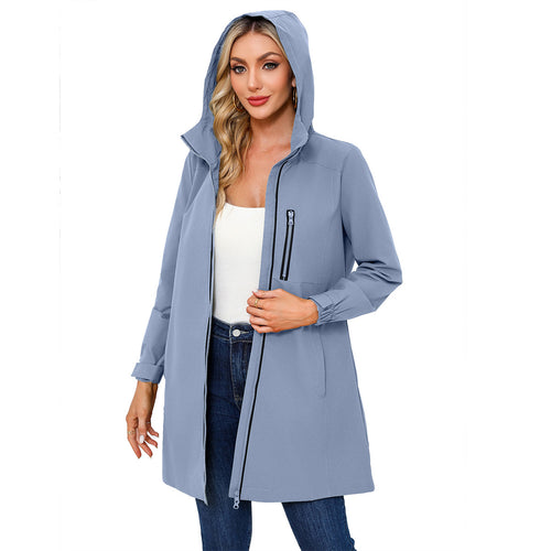 Damen nan lange schlanke Funktionsregenjacke mit durchgehendem Reißverschluss Brustreißverschlusstasche und Klettmanschetten Drune