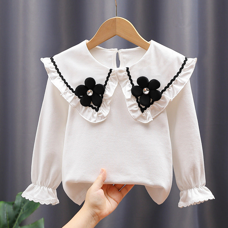 Damen Bluse mit großen Kragen und floralen Applikationen Drune