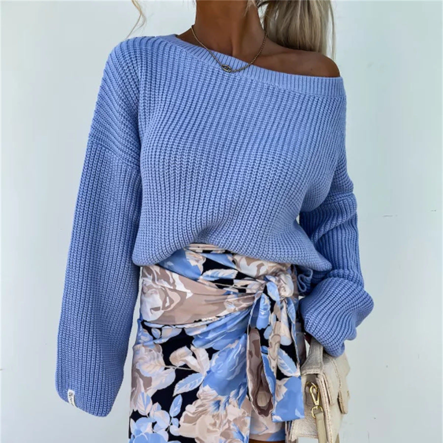 Damen lässiger Strickpullover mit asymmetrischem Ausschnitt und lockeren Ärmeln Drune