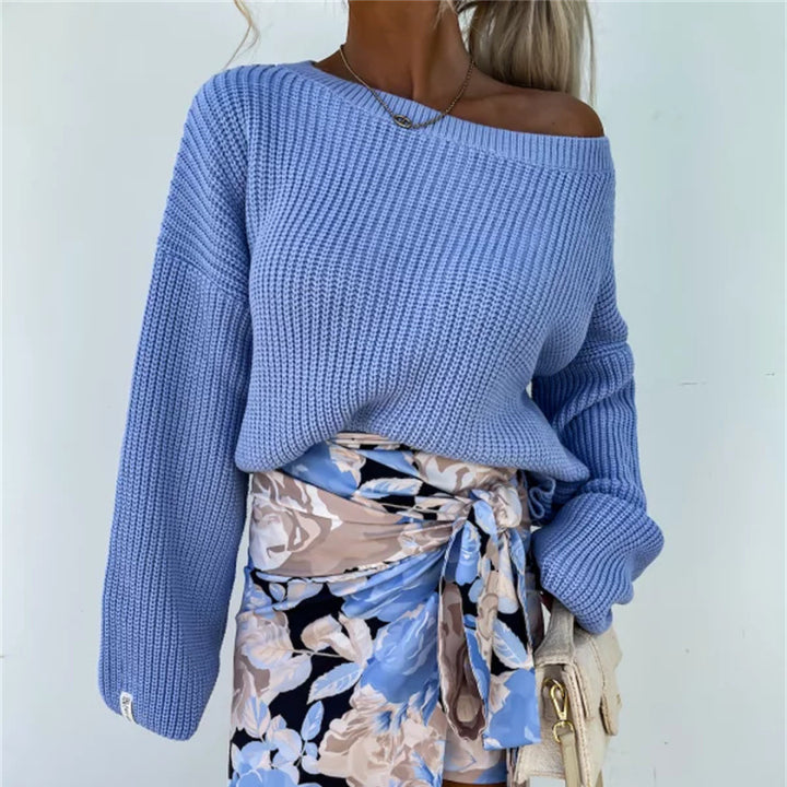 Damen lässiger Strickpullover mit asymmetrischem Ausschnitt und lockeren Ärmeln Drune