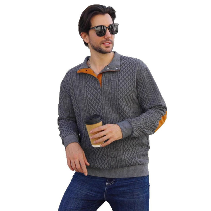 Herren nan strukturierter Henley-Pullover mit Stehkragen, Knopfleiste und Lederoptik-Ellbogenbesatz Drune