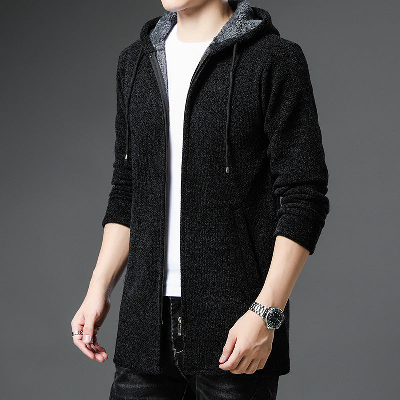 Herren nan urbaner Kapuzen-Strickmantel mit Teddyfutter, verdecktem Reißverschluss und seitlichen Eingrifftaschen Drune