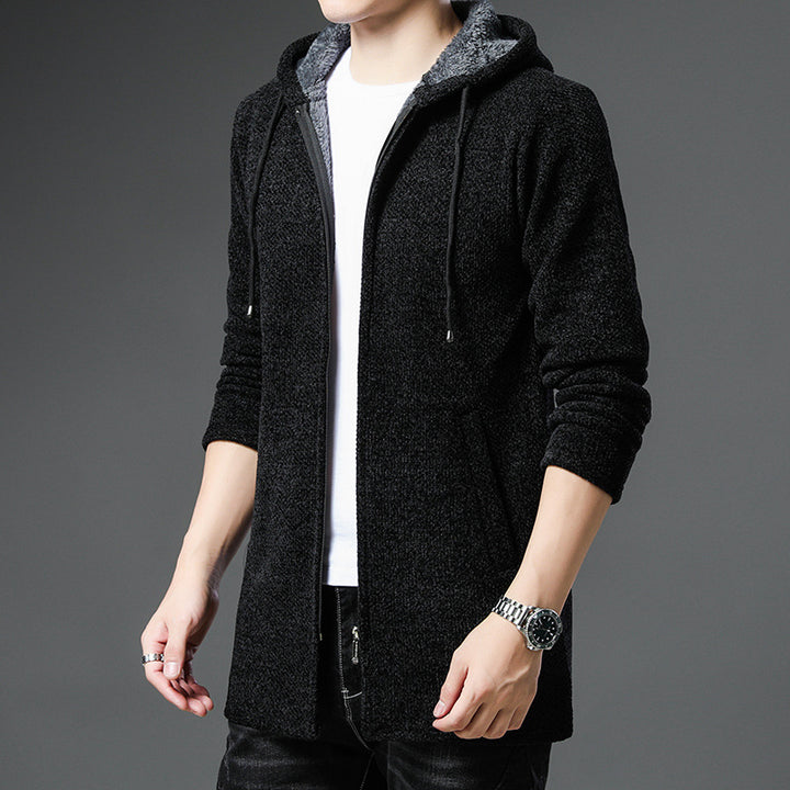 Herren nan urbaner Kapuzen-Strickmantel mit Teddyfutter, verdecktem Reißverschluss und seitlichen Eingrifftaschen Drune