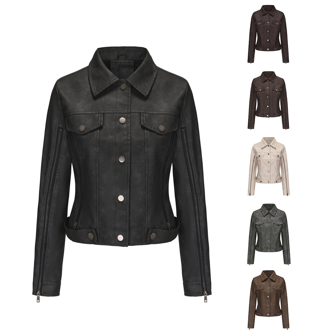 Damen modische Shortjacke aus Kunstleder mit Reißverschlussdetails Drune