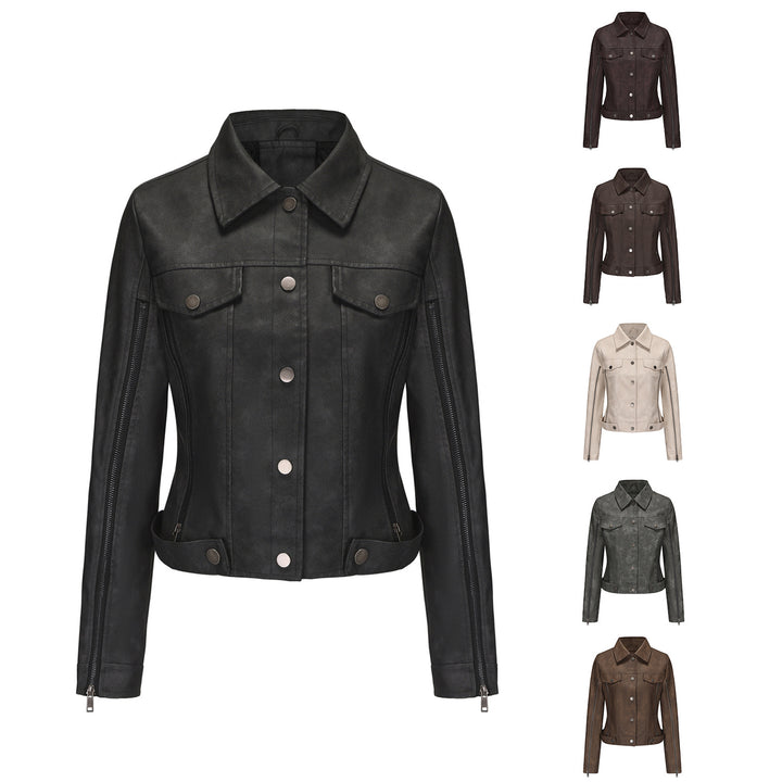 Damen modische Shortjacke aus Kunstleder mit Reißverschlussdetails Drune