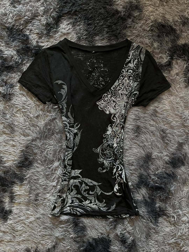 Damen Elegantes V-Ausschnitt T-Shirt mit kunstvollem Design Drune