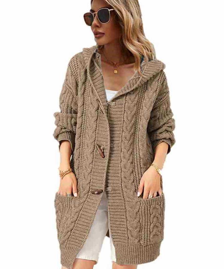 Damen Strickmantel mit Kapuze und großen Taschen Drune