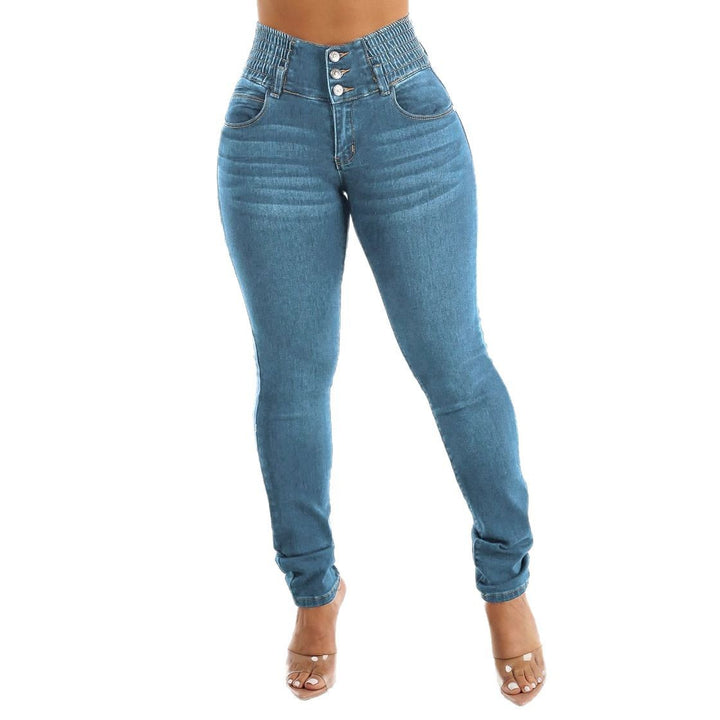 Damen Hochtaillierte Skinny Jeans mit elastischem Bund und dekorativen Knöpfen Drune