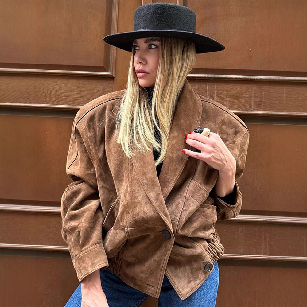Damen Oversize Wildlederjacke mit modernem Schnitt und praktischen Taschen Drune
