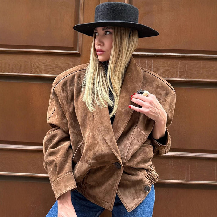 Damen Oversize Wildlederjacke mit modernem Schnitt und praktischen Taschen Drune