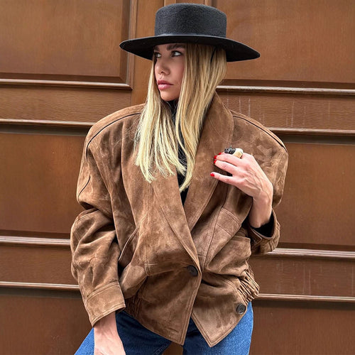 Damen Oversize Wildlederjacke mit modernem Schnitt und praktischen Taschen Drune