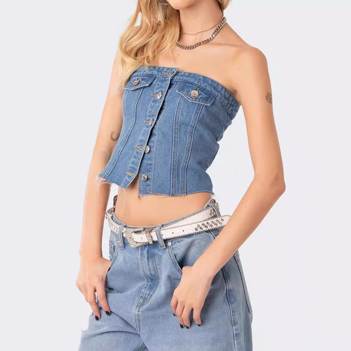 Damen Denim-Crop-Top mit gestricktem Überwurf Drune