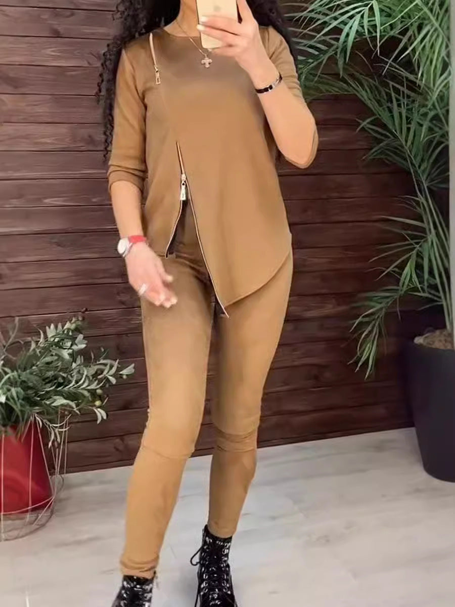 Damen modisches Velours-Loungewear-Set mit Reißverschluss Drune