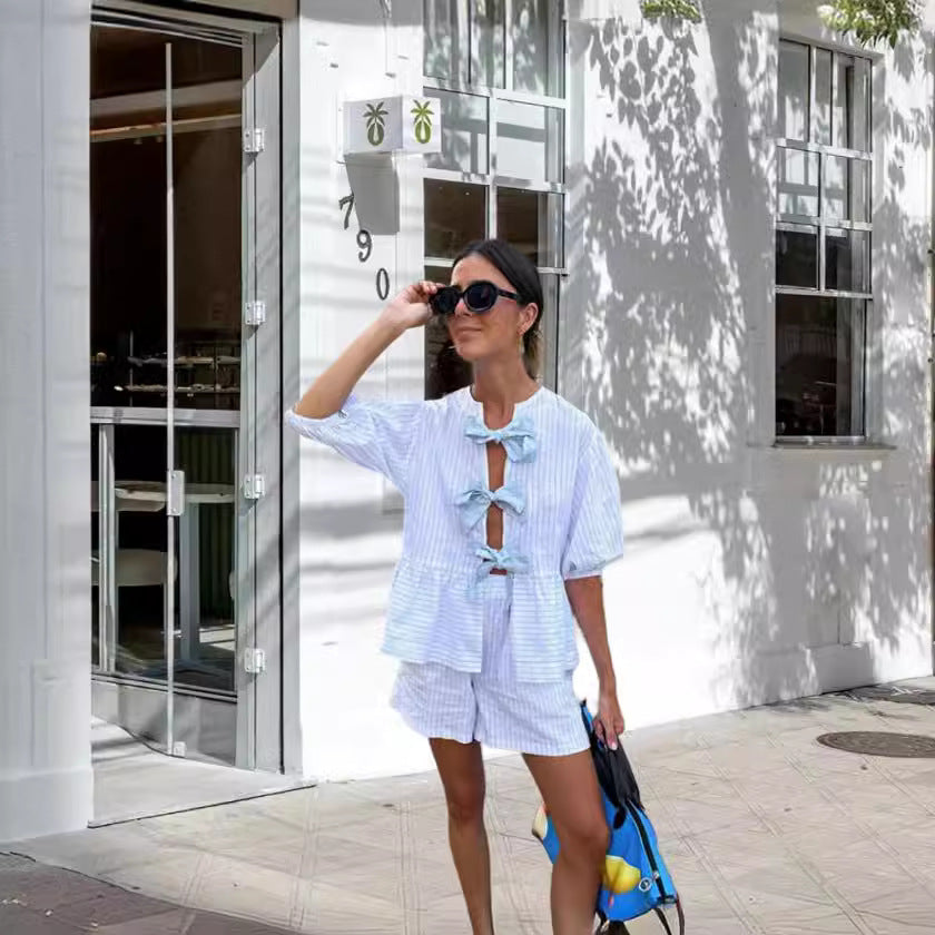 Damen Freizeit Set mit gestreiftem Oberteil und Shorts im lässigen Schnitt Drune