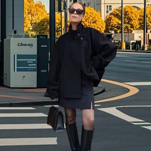 Damen Lässige Wolldecke-Jacke mit hohem Kragen und Knopfverschluss Drune