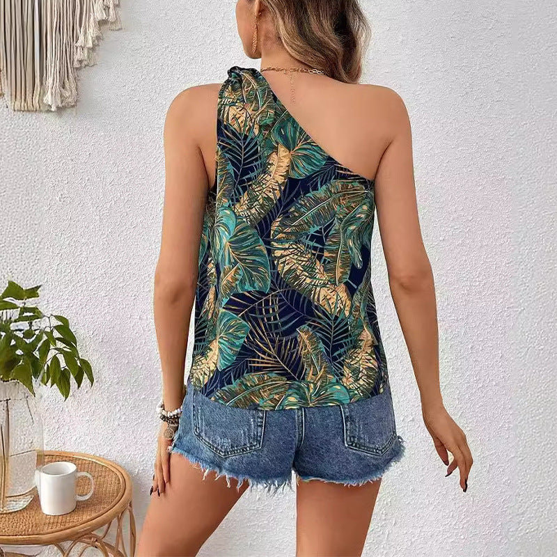 Damen asymmetrisches Oberteil mit eleganter Pflanzenmuster-Optik und schicker Schleifenverzierung Drune