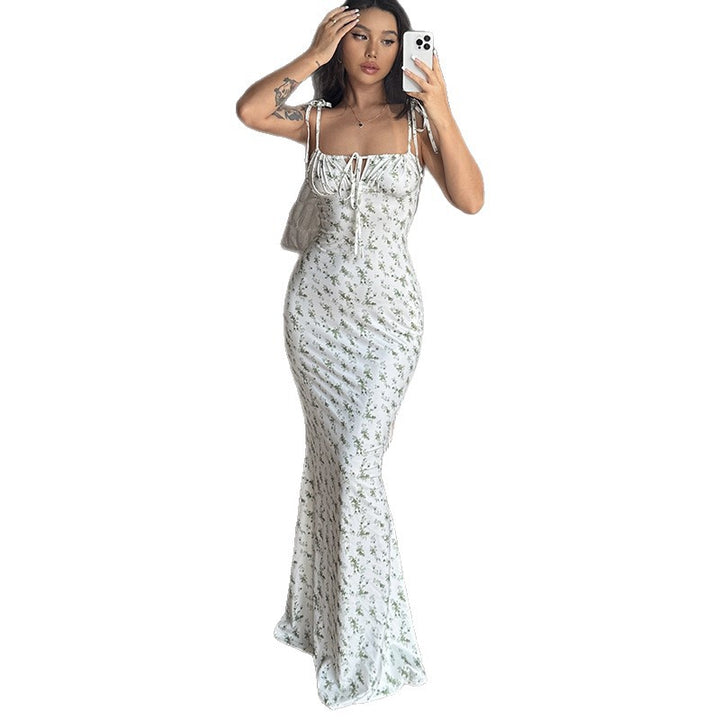 Damen Maxikleid mit zarten Blumenmustern und verstellbaren Spaghettiträgern Drune