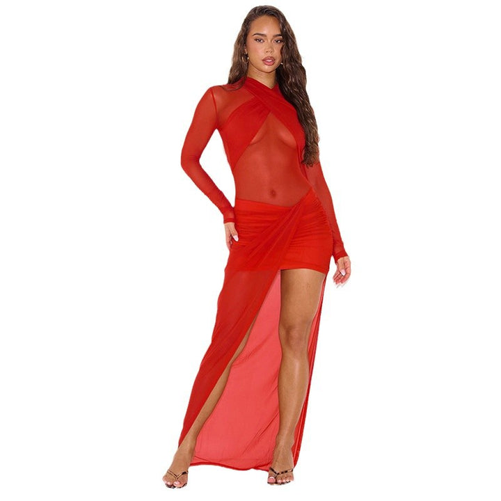 Damen Transparente Maxikleid mit Drapierungen und hochgeschlossenem Design Drune