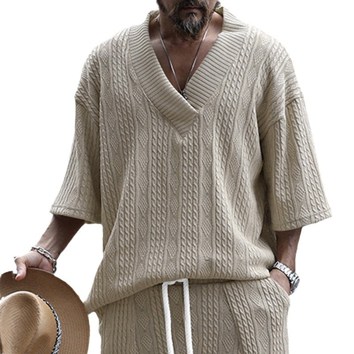 Herren nan großzügiger Grobstrick-Pullover mit tiefem V-Ausschnitt und dreiviertel Ärmeln Drune