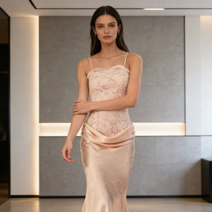Damen Elegantes Abendkleid mit Spitzenoberteil und schwingendem Rock Drune