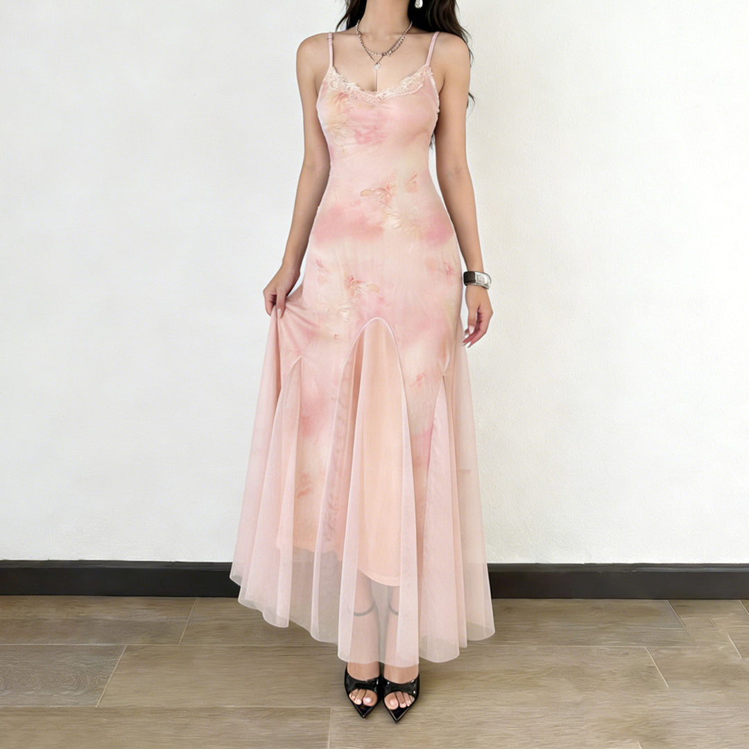 Damen elegantes Maxikleid aus transparenter Spitze und floralem Design Drune