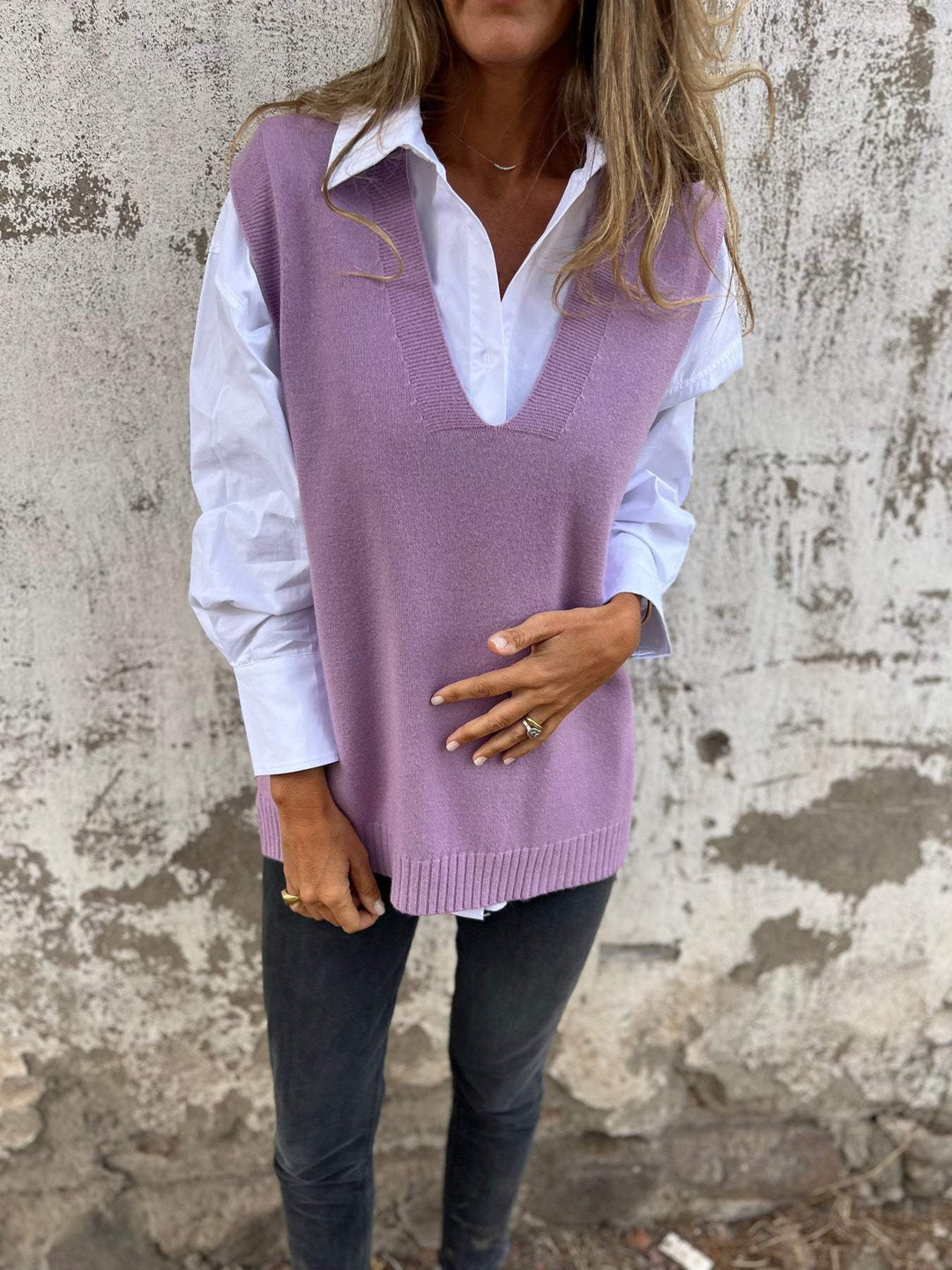 Damen lässiger Strickpullover mit V-Ausschnitt Drune