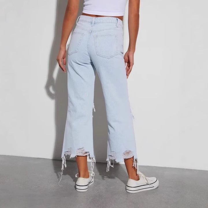 Damen lässige Boyfriend Jeans mit auffälligen Destroyed-Details und weitem Bein Drune