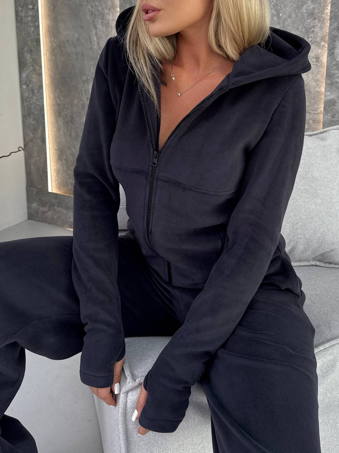 Damen modischer Fleece-Jumpsuit mit praktischem Reißverschluss Drune