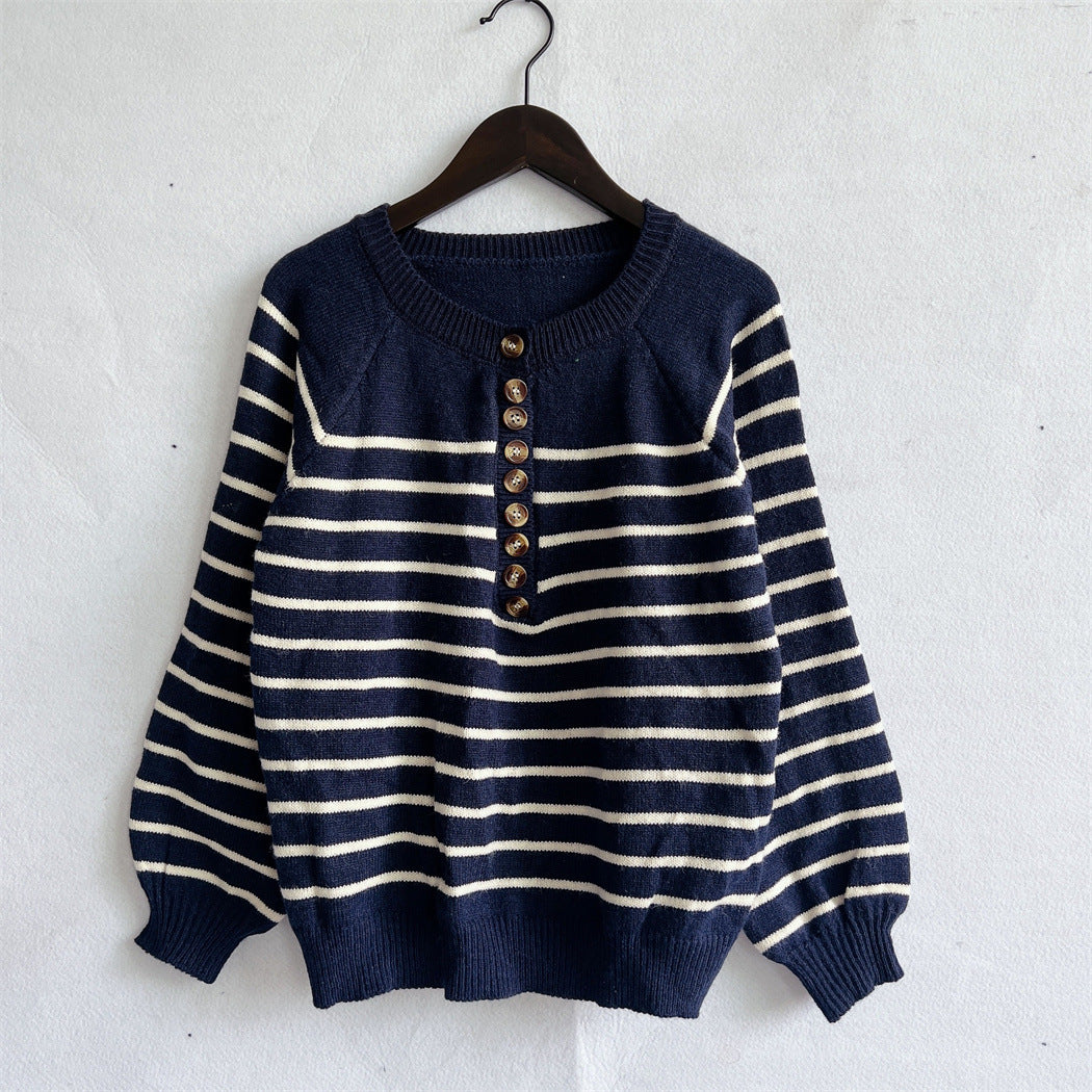 Damen gestreifter Strickpullover mit Knopfdetails und lässigem Schnitt Drune